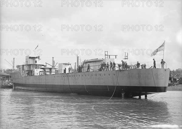 Launch of unknown ship at Samuel J. White's shipyard. Creator: Kirk & Sons of Cowes.