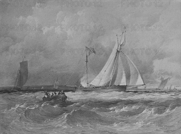 The Alarm winning the Ladies Challenge Cup at Cowes, 1830 by GM Gilbert on stone by L Haghe. Creator: Kirk & Sons of Cowes.