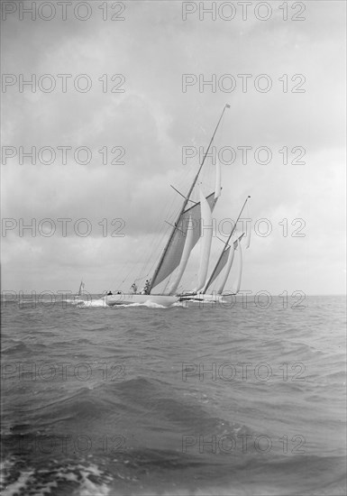 The racing cutters 'Istria' and 'Mariska', 1912. Creator: Kirk & Sons of Cowes.