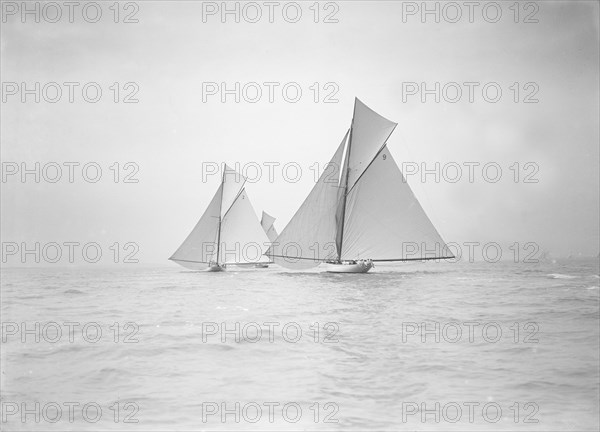 The cutters 'Rosamond', 'Carina' and 'Sonya' racing downwind, 1911. Creator: Kirk & Sons of Cowes.