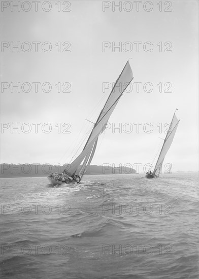 The racing cutters 'Rosamond' and 'Creole' sailing close-hauled, 1911. Creator: Kirk & Sons of Cowes.