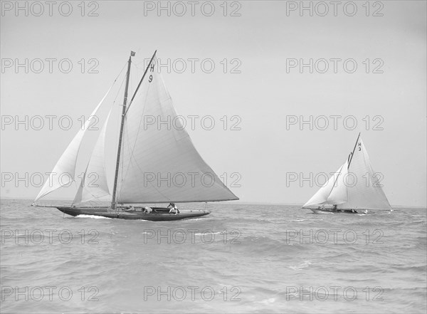 The 8 Metre 'Termagent' (H9) racing 'Windflower' (H3), 1911. Creator: Kirk & Sons of Cowes.