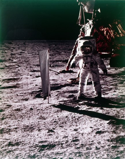 Buzz Aldrin deploys solar wind collector on the surface of the Moon, Apollo 11 mission, July 1969.  Creator: Neil Armstrong.