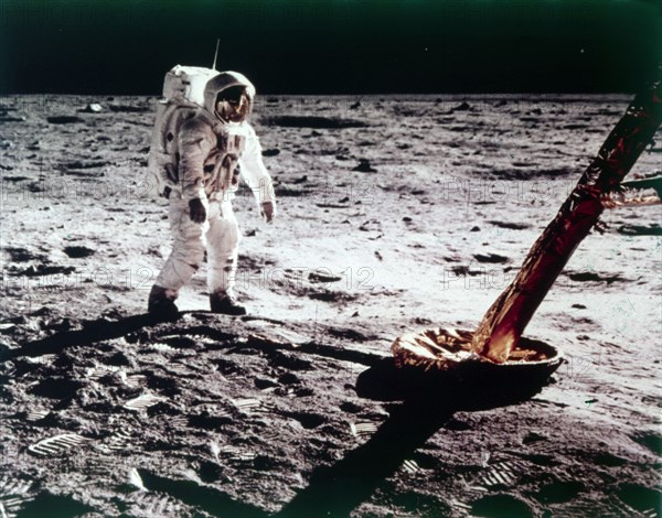 Buzz Aldrin near the leg of the Lunar Module on the Moon, Apollo 11 mission, July 1969. Creator: Neil Armstrong.