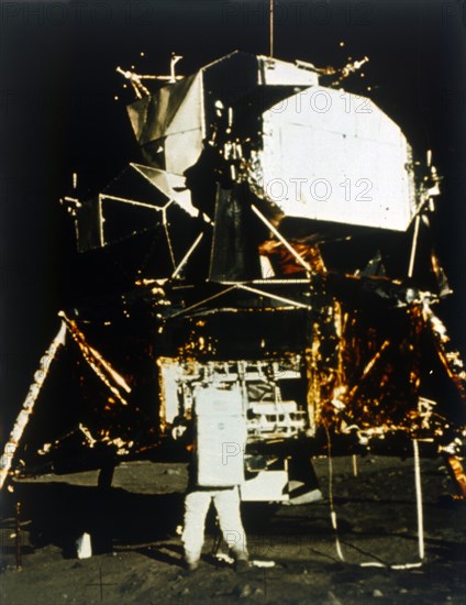 Buzz Aldrin by the Lunar Module on the surface of the Moon, Apollo II mission, July 1969. Creator: Neil Armstrong.