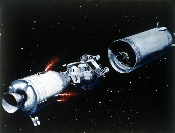 Simulation showing the separation of the component parts of the Apollo 11 spacecraft, 1969. Creator: NASA.