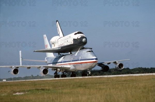 Space Shuttle atop Boeing 747, Kennedy Space Center, Florida, USA, 1980s. Creator: NASA.