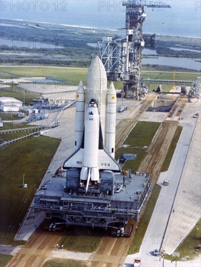 Crawler moving Space Shuttle to launch complex 39, Kennedy Space Center, USA, 1980s. Creator: NASA.