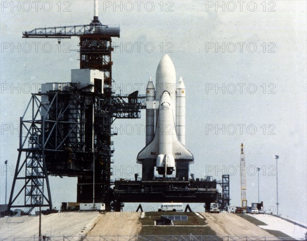 Space Shuttle Orbiter on launch pad on launch pad, Kennedy Space Center, Florida, USA, 1980s.  Creator: NASA.