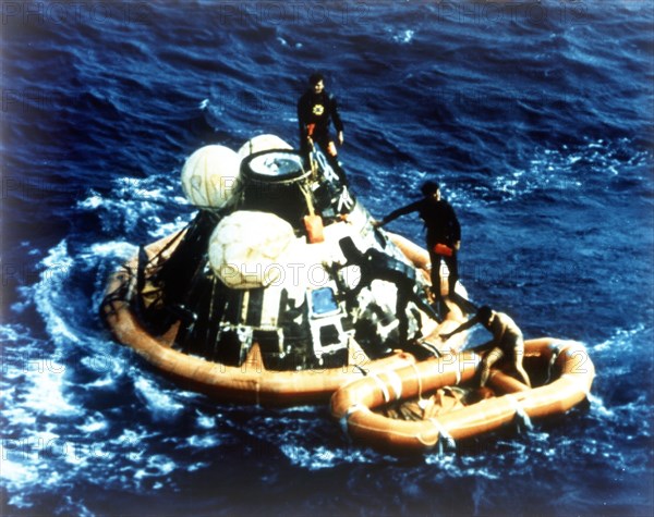 Recovery of command module 'Columbia' in the Pacific Ocean, Apollo II mission, 24 July 1969. Creator: NASA.