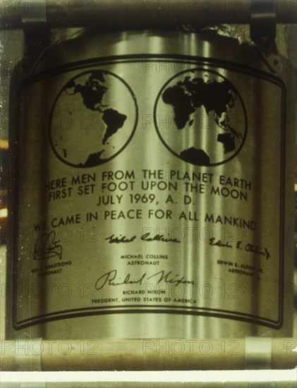 Plaque left on the Moon, Apollo II mission, July 1969. Creator: NASA.