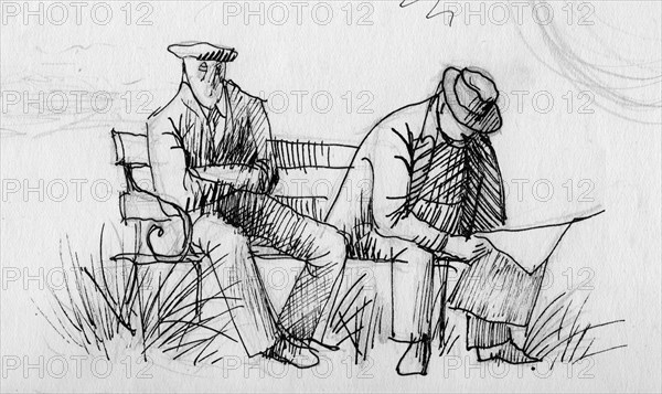 Two men on a bench, c1950. Creator: Shirley Markham.
