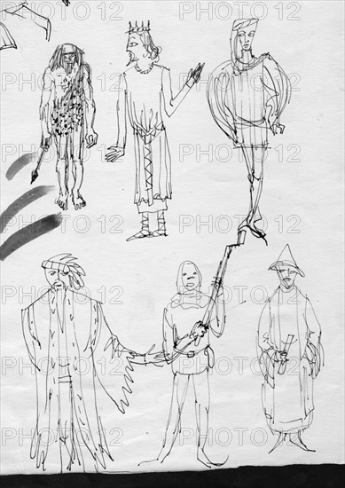 Page of sketches, people in period costume, c1950. Creator: Shirley Markham.