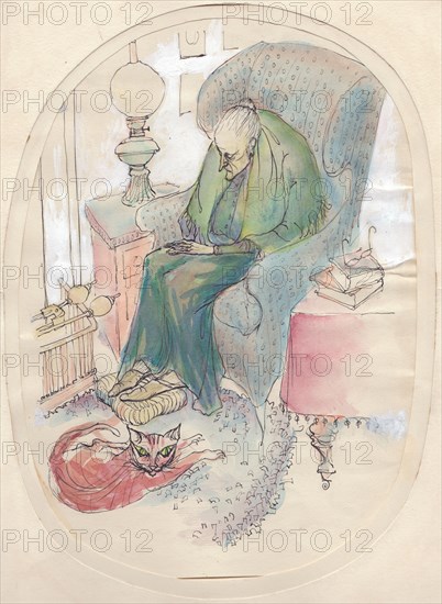 Old woman and cat, 1951. Creator: Shirley Markham.