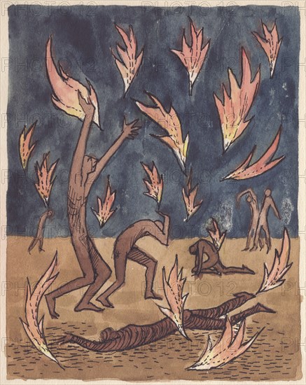 Flames raining down, 1951. Creator: Shirley Markham.