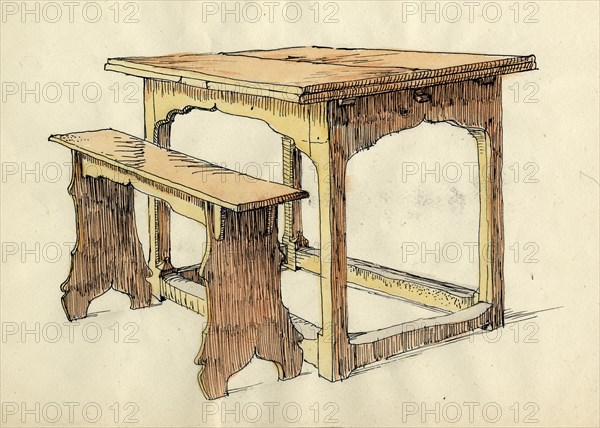 'Oak Draw Table and Form, early 16th century', (c1951). Creator: Shirley Markham.