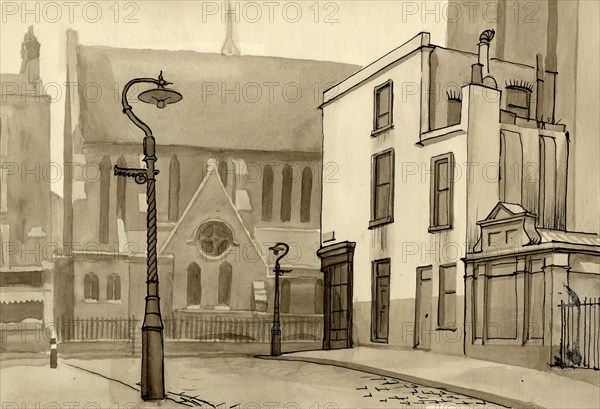 Lamppost and church, c1951. Creator: Shirley Markham.