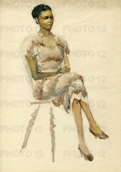 Seated woman in brown dress, c1952. Creator: Shirley Markham.