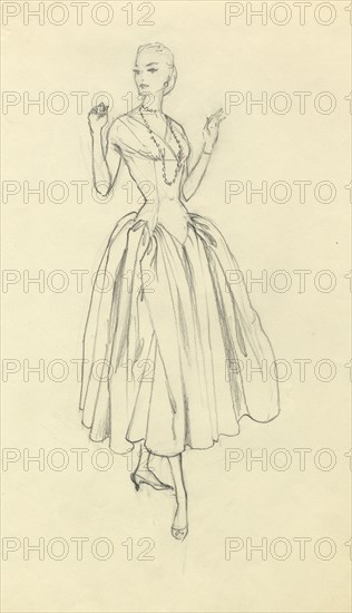 Woman in narrow-waisted dress, c1952. Creator: Shirley Markham.