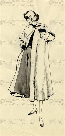 Woman in coat and full skirt, c1950. Creator: Shirley Markham.