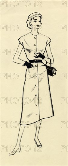 Woman in belted dress, c1950. Creator: Shirley Markham.