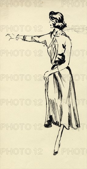 Woman in full skirt with outstretched arm, c1950. Creator: Shirley Markham.