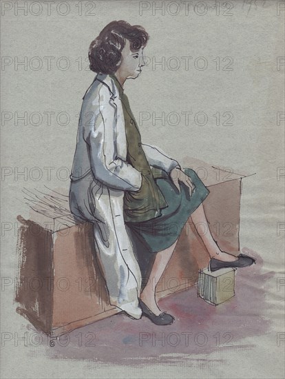 Seated woman in white coat, 1952. Creator: Shirley Markham.