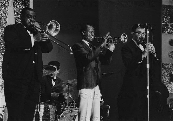 Louis Armstrong and All Stars on stage, Hammersmith Odeon, London, 1968.