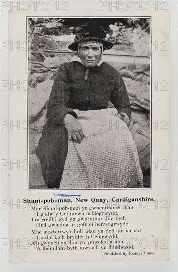 Shani-pob-man (Jane Leonard), New Quay, Cardiganshire with a short poem about her, c1906.