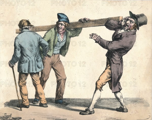 Clumsy man carrying a length of wood, 19th century.