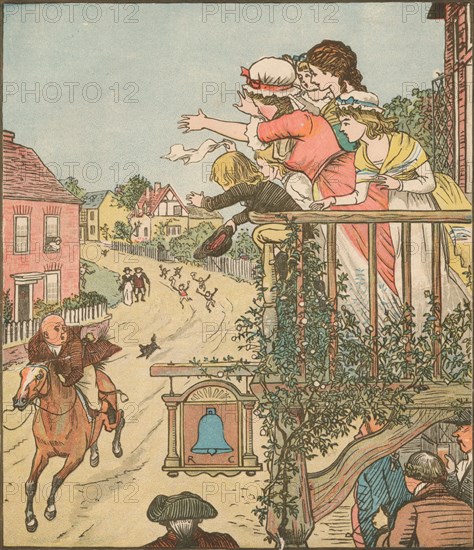 John Gilpin gallops past the Bell Inn as his wife and children wave from the balcony, 1878, (c1918).