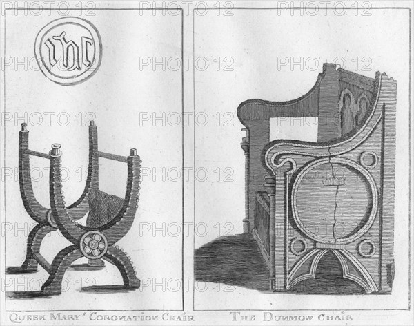Queen Mary's Coronation Chair', and 'The Dunmow Chair', c1790.
