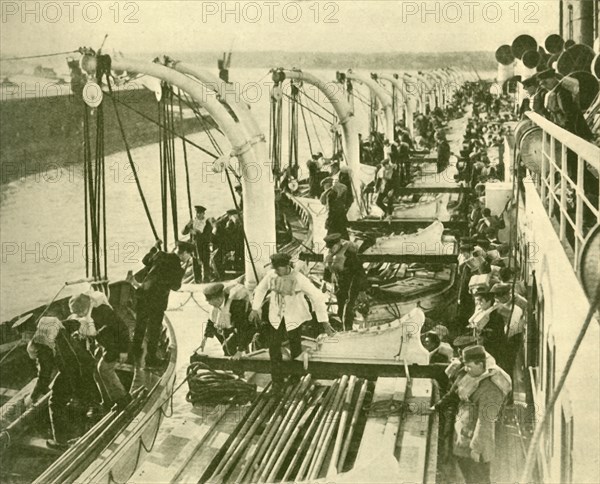 Boat Drill Aboard the "Aquitania".', c1930.