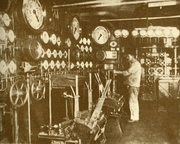 The Main Engine Control Platform of the "Aquitania".', c1930.