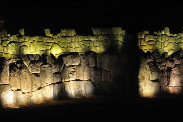 Night view of Sacsahuaman Fortress with lighting, Cusco, Peru, 2015.