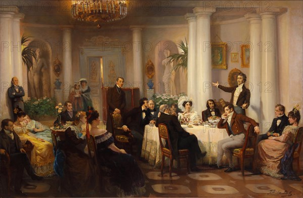 Pushkin and his friends listen to Adam Mickiewicz in the salon of Princess Zinaida Volkonskaya, 1899