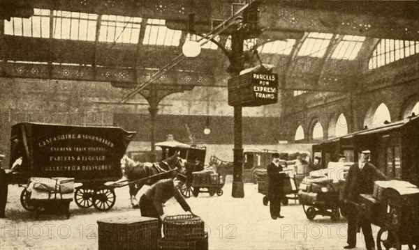 Overhead Electric Parcel Carrier, Victoria Station, Manchester', 1930.