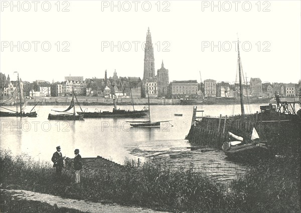View across the River to the Cathedral, Antwerp, Belgium, 1895.