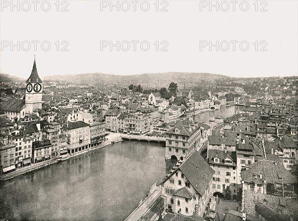 The Grosse Stadt and Kleine Stadt divided by the River Limmat, Zurich, Switzerland, 1895.