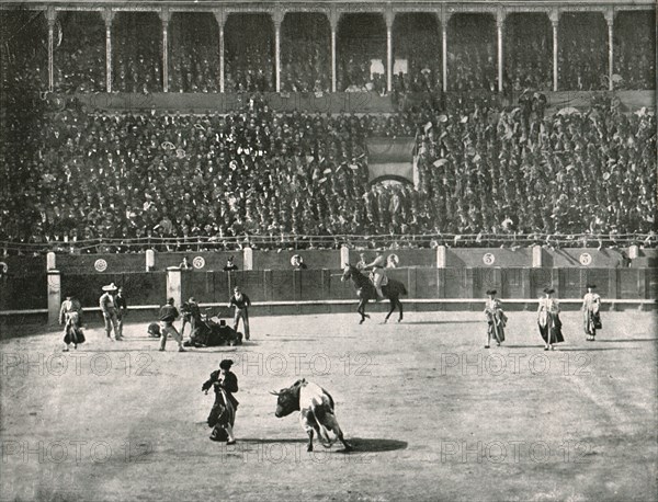 The interior of the Bullring, Madrid, Spain, 1895.