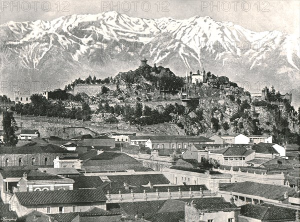 The hill of Santa Lucia with the Andes in the background, Santiago, Chile, 1895.