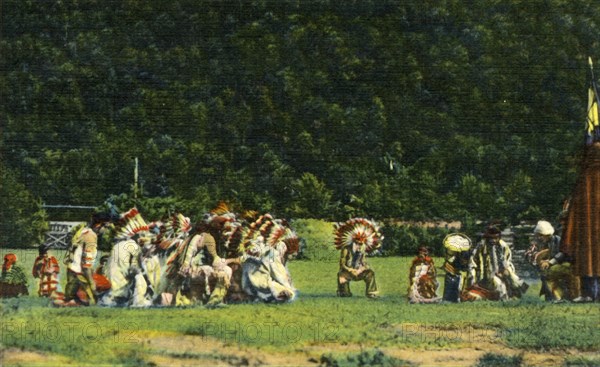 Cherokee Indians in Full Native Costume in one of their Ceremonial Dances - On Cherokee Indian Rese