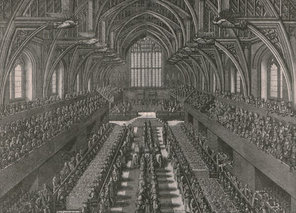 The banquet in the Great Hall at the Palace of Westminster...coronation of James II in 1685, (1902).