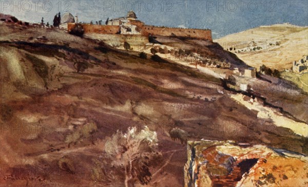 Jerusalem. - South Wall of the Temple Area, from the Valley of Hinnom, at Sunset', 1902.