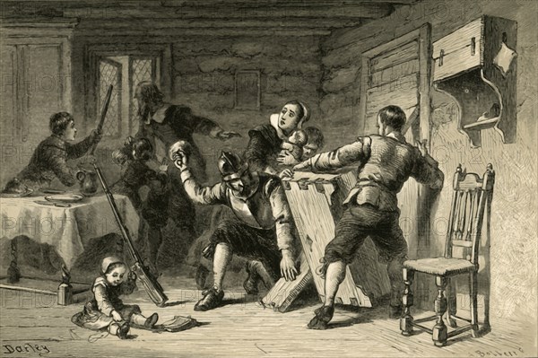 Puritans Barricading Their House Against Indians', (1877).