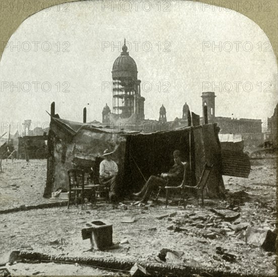 Refugee camp made of scraps [of] corrugated sheet iron gathered from the ruins', 1906.