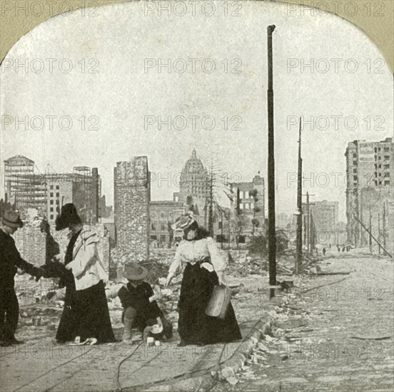 Looking east from corner Ellis and Jones - Tall building, The San Francisco Call', 1906.