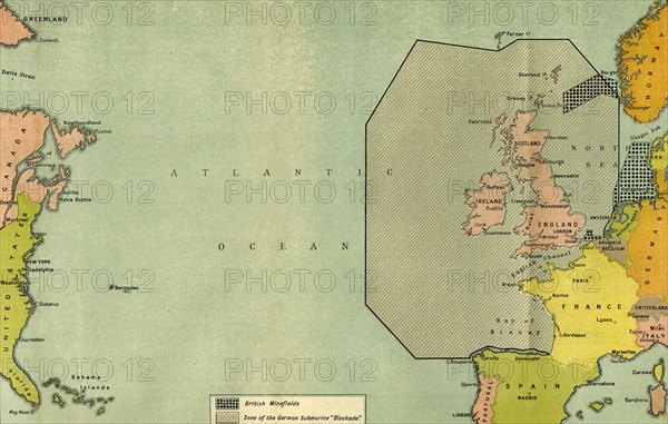 Map To Illustrate the German Submarine Blockade and the British Minefields...', 1919.