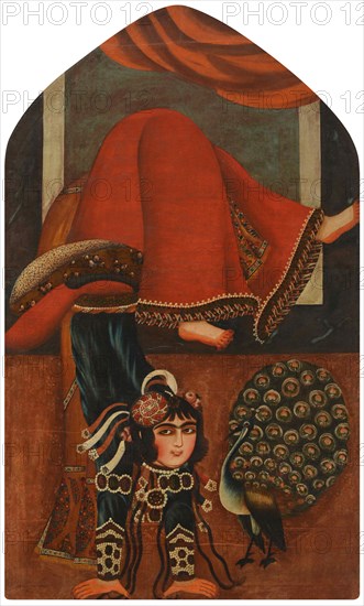 Acrobat and a peacock, ca 1825.