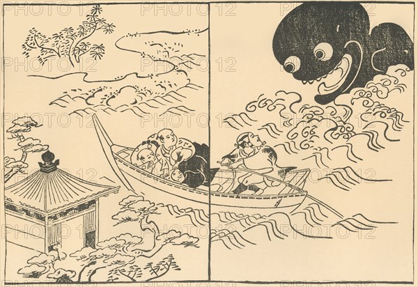 Men in a boat threatened by a sea monster, early-mid 18th century, (1924).